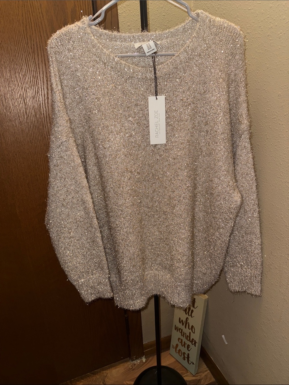 Rachel Zoe Metallic Knit Crewneck Sweater - Champagne Beige